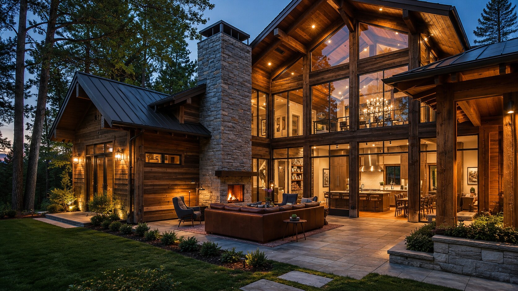 Luxury mountain home at dusk